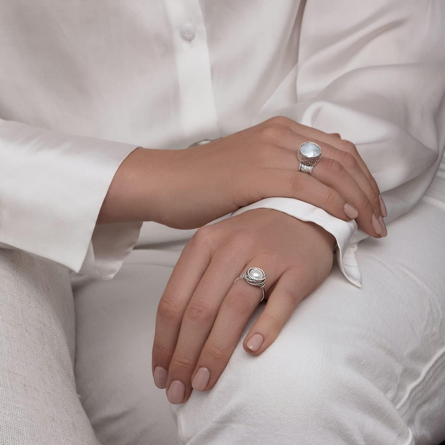 925 Sterling Silver Ring with Fresh Water Pearl Wire Wrap Vintage Design - Hypoallergenic, Nickel & Lead-Free - Artisan Handcrafted Statement Rings for Women