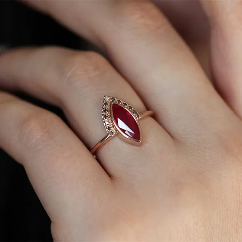 1PC Rose Gold Natural Rhombus 2 In 1 Ruby Engagement Ring Marquise Bridal Wedding Ring with Black Diamonds Women Ruby Ring Diamond Fine Jewelry