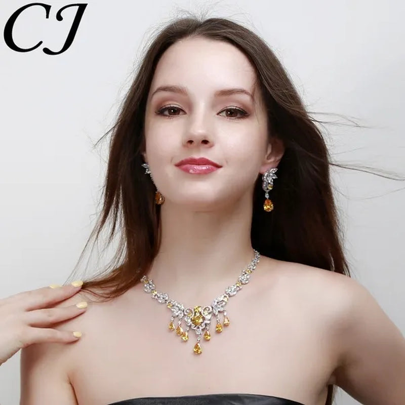CANDICE Luxury CZ Stone Bridal Jewelry Pave High Quality Yellow Crystal Water Drop Earrings Necklace Wedding Party Set for Brides