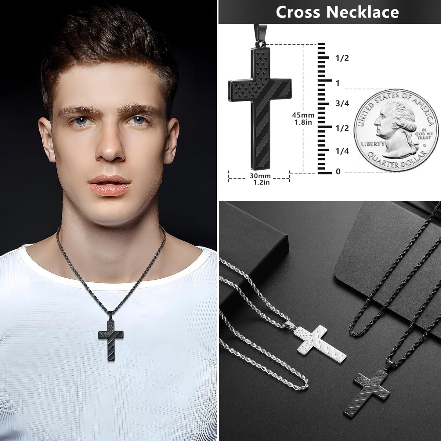 2Pcs Valentines Day Gifts Cross Necklace for Men Boys, Bible Verse Stainless Steel Silver Black American Flag Chains for Men Pendant Jewelry Box