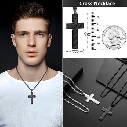 2Pcs Valentines Day Gifts Cross Necklace for Men Boys, Bible Verse Stainless Steel Silver Black American Flag Chains for Men Pendant Jewelry Box