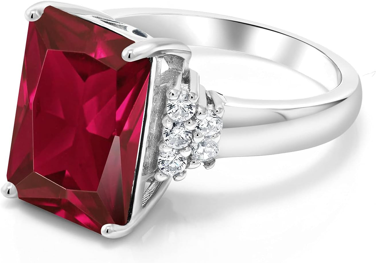 5-10 Cttw Gemstone Birthstone Engagement Ring for Women | 14X10MM Emerald Cut | 925 Sterling Silver | Wedding Anniversary Promise Ring | Available in Size 5, 6, 7, 8, 9