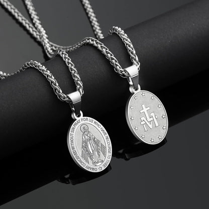 Virgin Mary Necklace for Men Boys Miraculous Medal Stainless Steel Mary Mother of God Pendant De La Virgen Maria Medallion Holy Mary Charm