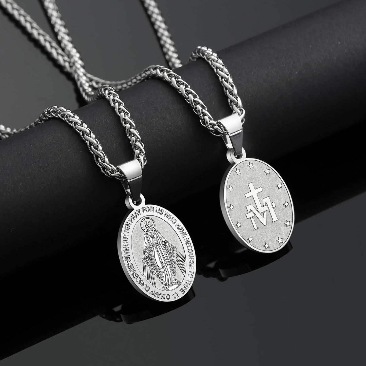 Virgin Mary Necklace for Men Boys Miraculous Medal Stainless Steel Mary Mother of God Pendant De La Virgen Maria Medallion Holy Mary Charm
