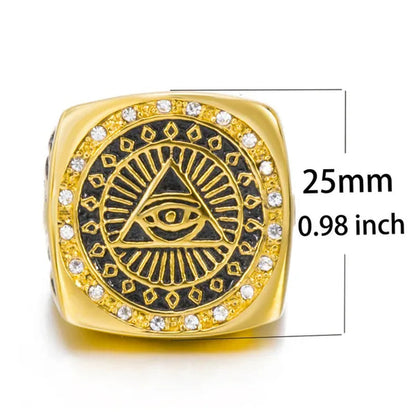 Mens Stainless Steel Gold Ring Czs Illuminati the All-Seeing-Eye Eye of Providence Symbol Hip Hop Jewelry Size 8-13
