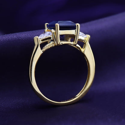 14K Gold Plated 925 Sterling Silver Emerald Cut Blue Sapphire with Trillion White Topaz Ring for Women Statement Jewelry, Mother'S Day Gift for Her
