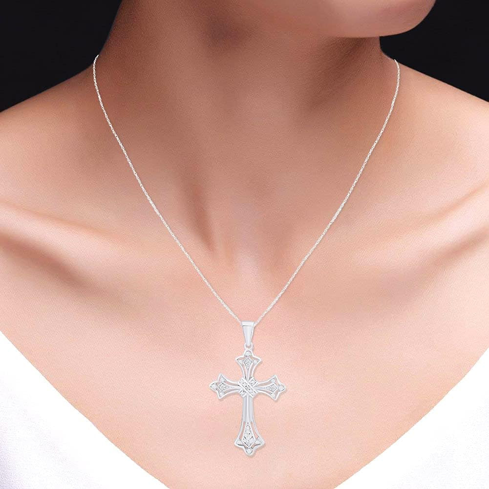 round Shape White Natural Diamond Accents Cross Pendant Necklace in 14K Gold over Sterling Silver