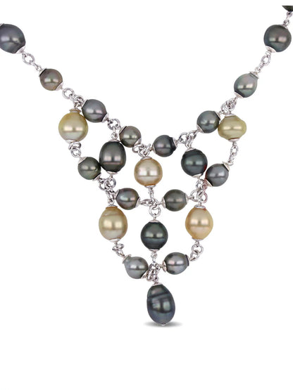 Women'S 9 - 12Mm Natural Shape Tahitian & Golden South Sea Pearl Sterling Silver Cluster Necklace