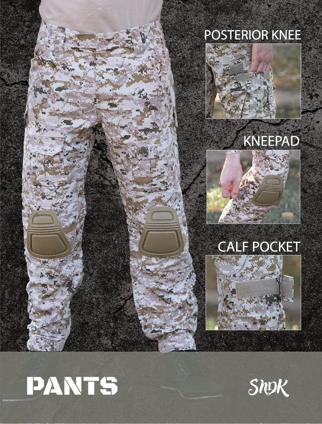 Military Uniform, Camo Long Sleeve Shirt Men & G3 Combat Pants with Knee Pads, Fishing, Hunting, Paintball, Airsoft Clothes