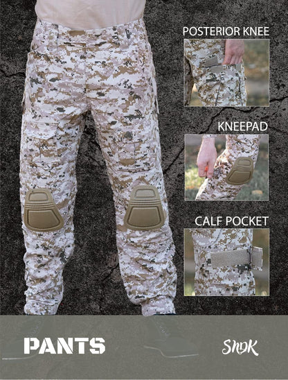 Military Uniform, Camo Long Sleeve Shirt Men & G3 Combat Pants with Knee Pads, Fishing, Hunting, Paintball, Airsoft Clothes