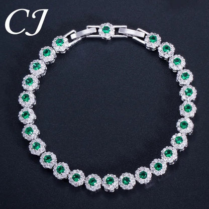 CANDICE 2023 New Sterling Silver Party Jewelry with Green Crystal Stone and CZ Zirconia Women Flower Charm Bracelets Bangles