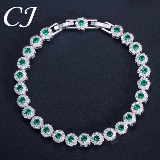 CANDICE 2023 New Sterling Silver Party Jewelry with Green Crystal Stone and CZ Zirconia Women Flower Charm Bracelets Bangles