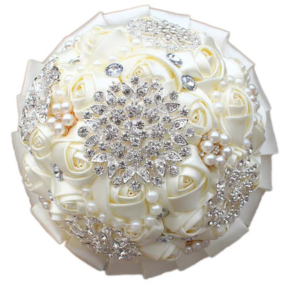 20CM Mixed Color Silk Ribbon Rose Wedding Flower Bouquet Luxury Pearl Crystal Brooch Bridal Bouquet Handmade Creative Bridesmaid Holding Flowers