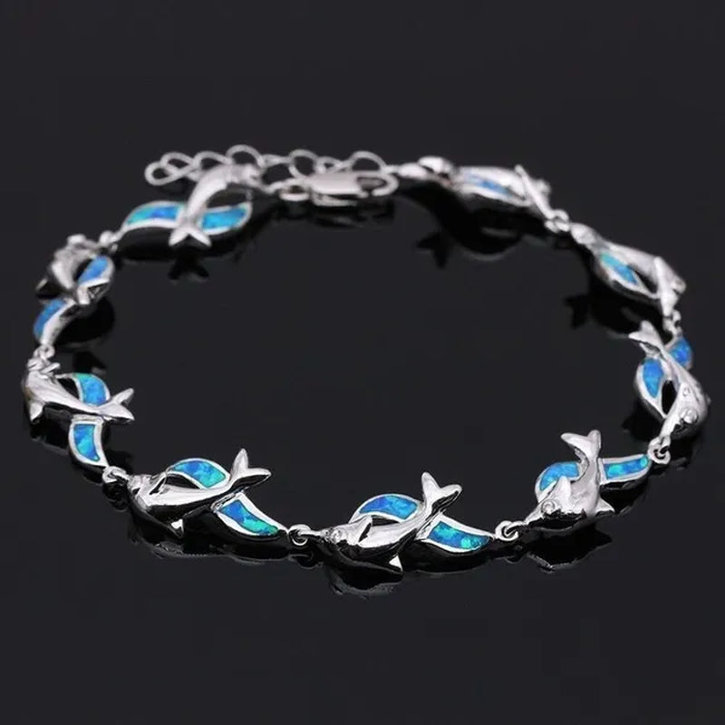 Womens Jewelry 925 Sterling Silver Dolphin Style Blue/red  Fire Opal Diamond Charm Chain Bracelet