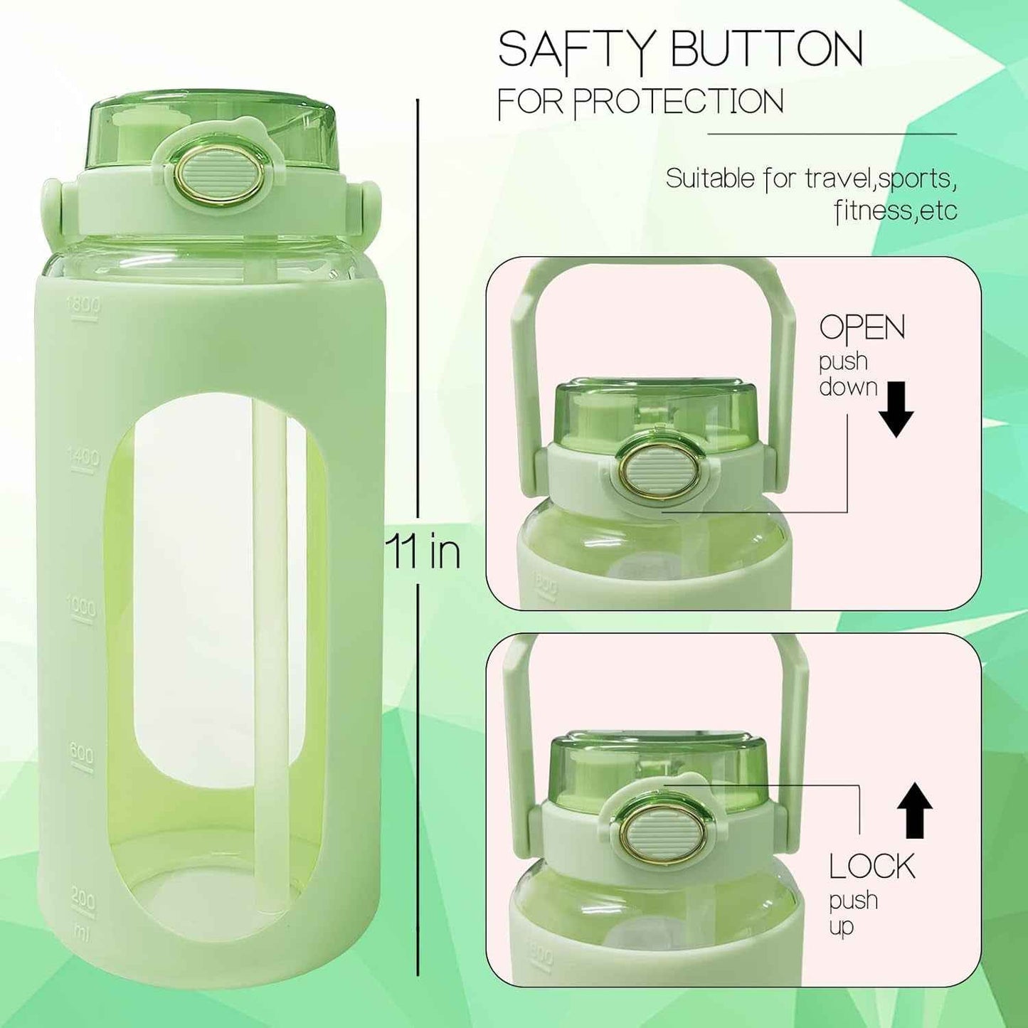 64Oz Glass Water Bottle with Straw, Reusable Half Gallon Aesthetic Water Bottles with Time Marker Large Sports Water Bottles with Silicone Sleeve and Handle for Gym Workout (Green)