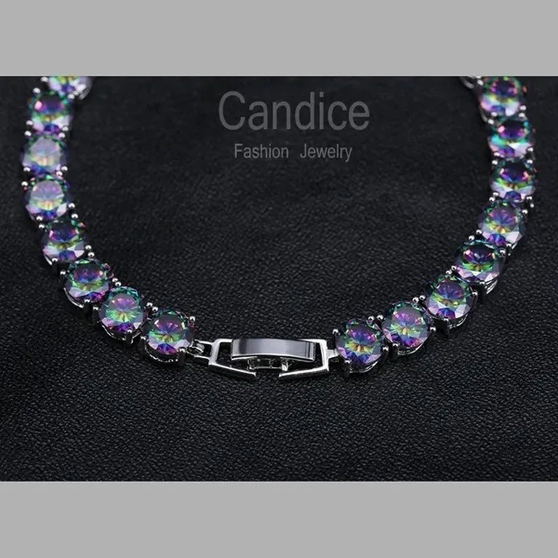 CANDICE Silver Plated Micro Pave round Rainbow Crystal Stone Women Tennis Bracelet for Evening Party Jewelry
