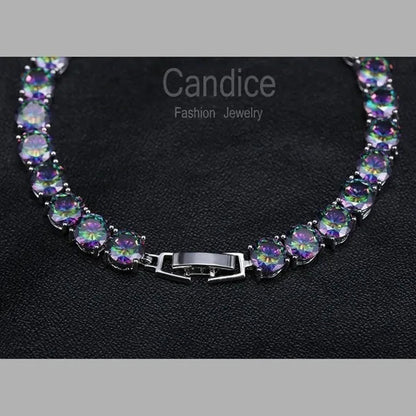 CANDICE Silver Plated Micro Pave round Rainbow Crystal Stone Women Tennis Bracelet for Evening Party Jewelry