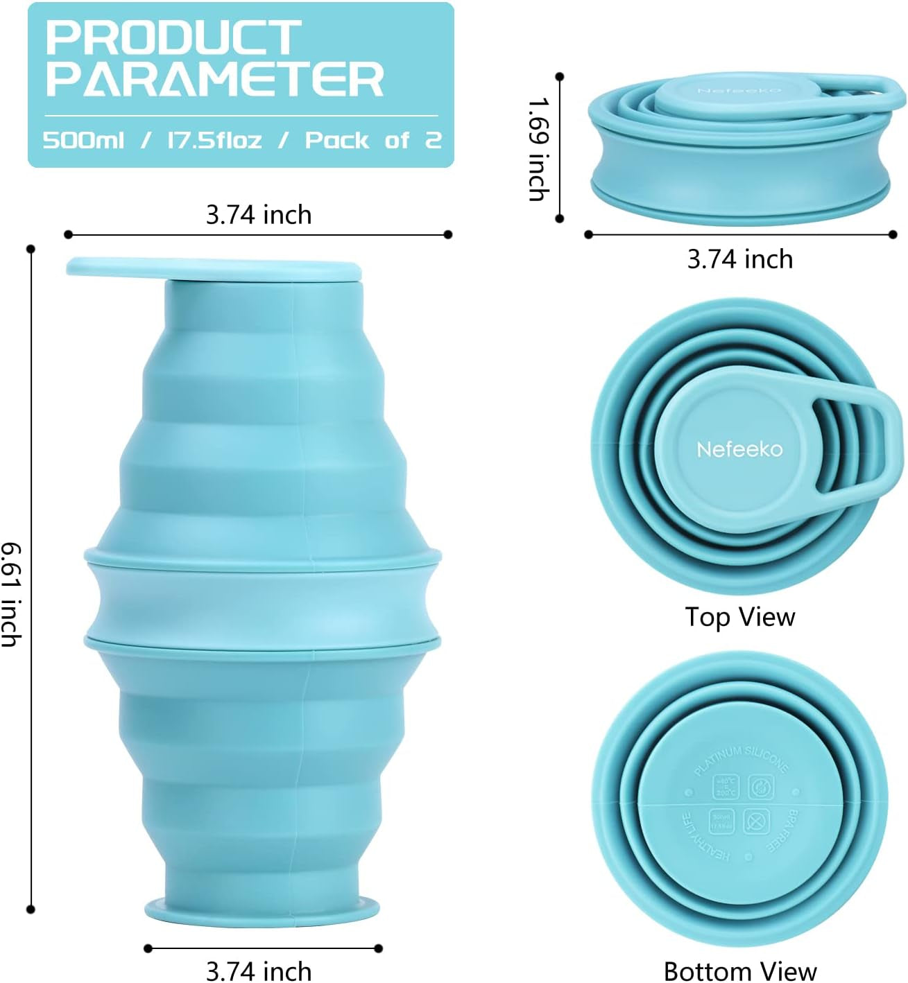 Collapsible Water Bottle,17Oz(500Ml) Reuseable BPA Free Silicone Foldable Water Bottles for Travel Gym Camping Hiking, Portable Leak Proof Sports Water Bottle with Carabiner - WORLD TIME VISITS