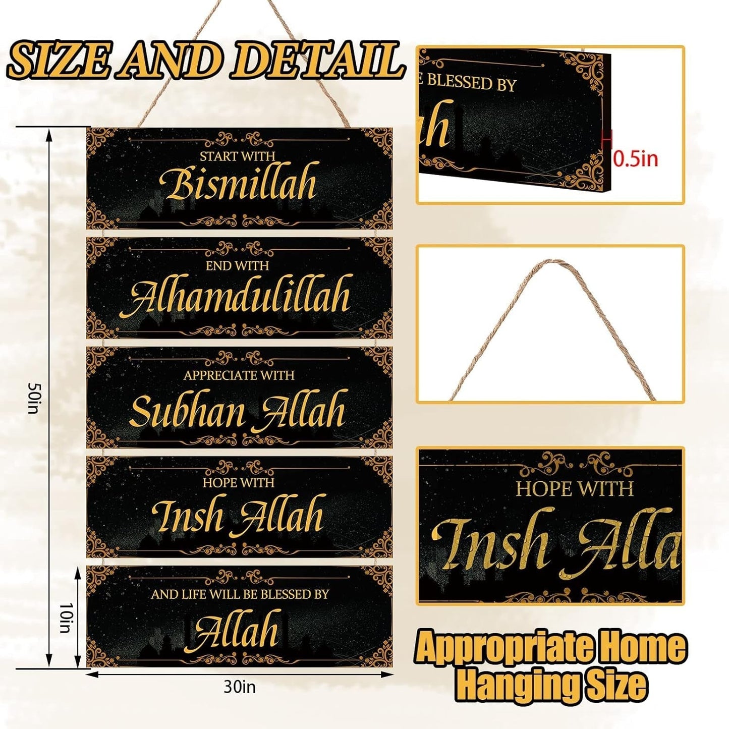 Islamic Wooden Wall Sign Decor Ramadan Decorations for Home Eid Ramadan Mubarak Eid Al Adha Decor Start with Bismillah End with Alhamdulillah Inspirational Wall Art for Muslim Home(Black, Gold)