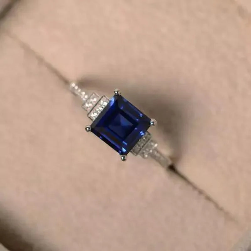 Fashion Jewelry Gemstone 925 Sterling Silver Diamond Cut Square Sapphire Ring Women Size：5-10 - WORLD TIME VISITS