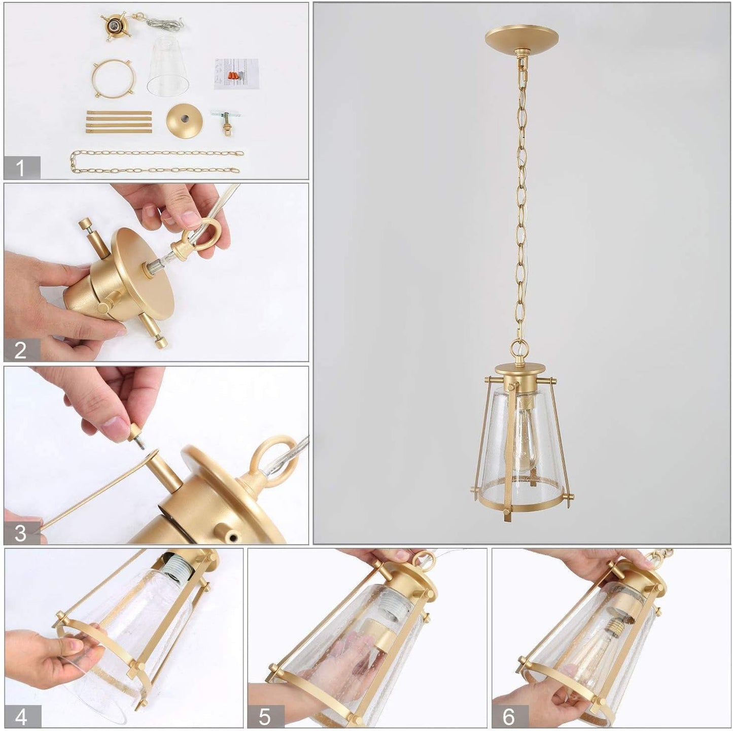 Gold Pendant Lighting for Kitchen Island, Hanging Brass Light Fixtures with Seeded Glass for Dining Room, Foyer