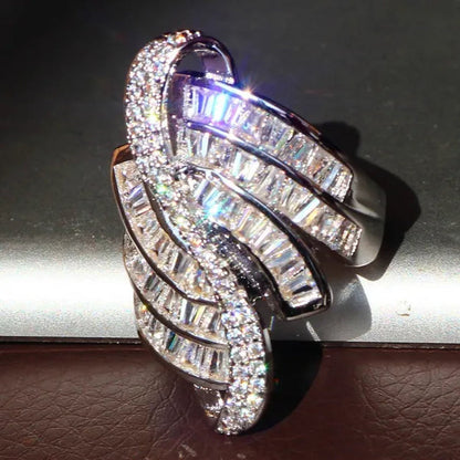 Gorgeous  Silver Natural Gemstones White Sapphire Ring Wedding Birthstone Bride Engagement Multilevel Square Crossing Brand Flower Ring Jewelry Size 6 7 8 9 10