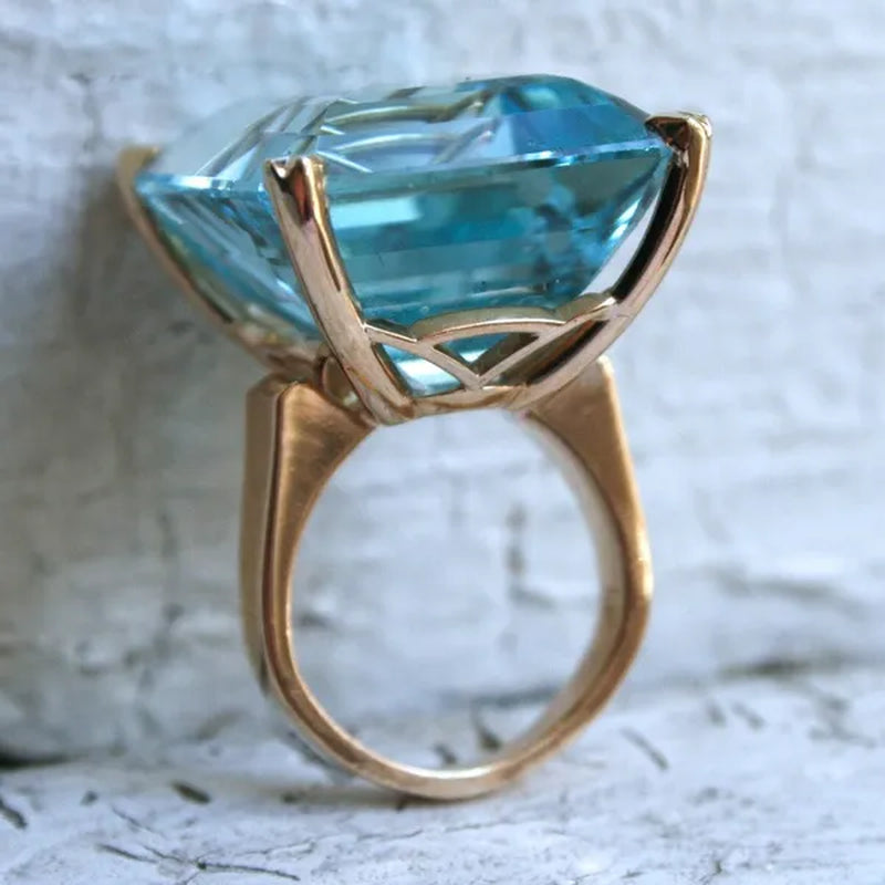 Natural Aquamarine Diamond Ring 14K Yellow Gold Women's Big Engagement Jewelry