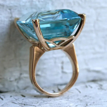 Natural Aquamarine Diamond Ring 14K Yellow Gold Women's Big Engagement Jewelry