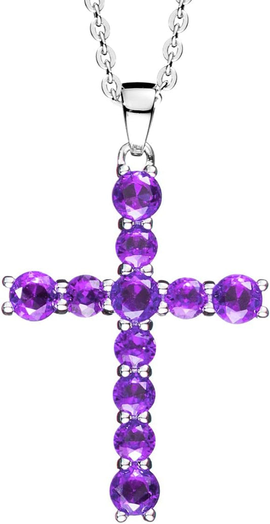 Gemstone Cross Necklace 925 Sterling Silver Created Birthstone Cross Prong Pendant Necklace Faithful Gift Ideas Fine Jewelry for Her Girlfriend Women Girls, 16" + 2" Extender - WORLD TIME VISITS