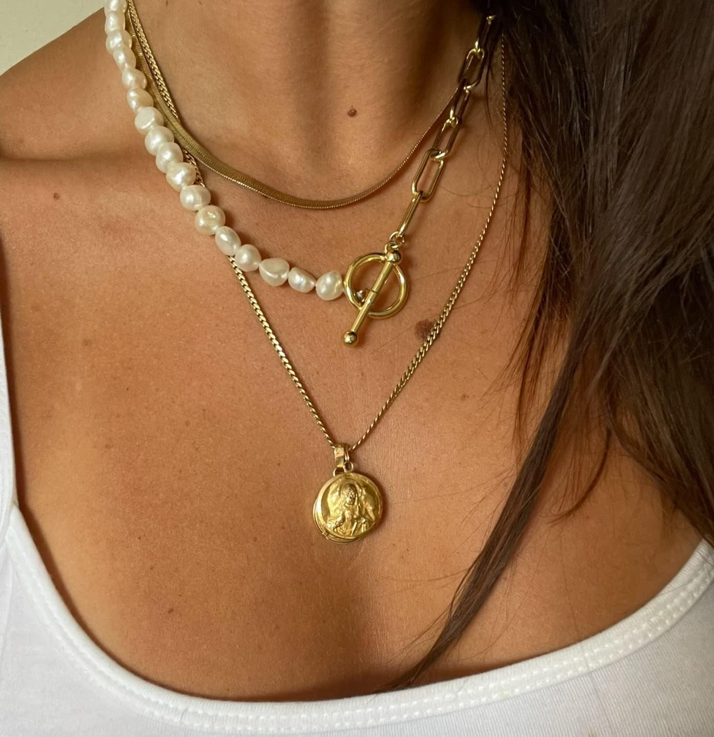 Paper Clip Pearl Necklace Vintage Chunky Link Chain Baroque Cultured Pearls 18K Gold Choker Fashion Retro Charm Valentine Jewelry for Women Girls