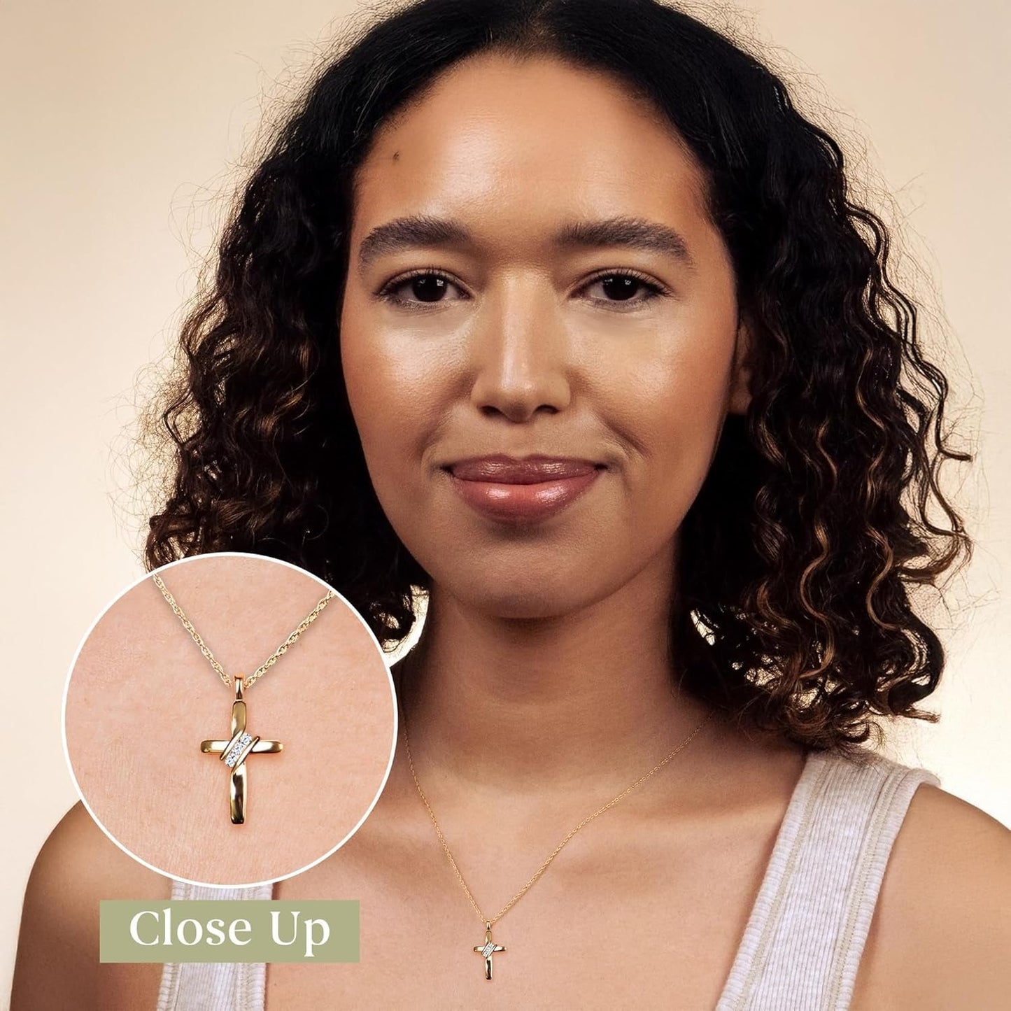 Small 14KT Yellow Gold Plated & Sterling Silver Natural Round-Cut Diamond Accent 3 Stone Cross Pendant with an 18 Inch Chain