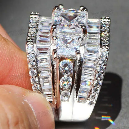 Luxury  Silver White Sapphire Flower Ring Natural Gemstones Birthstone Engagement Rings Wedding Anniversary Bride Women Man Princess Cross Ring Size 6 7 8 9 10