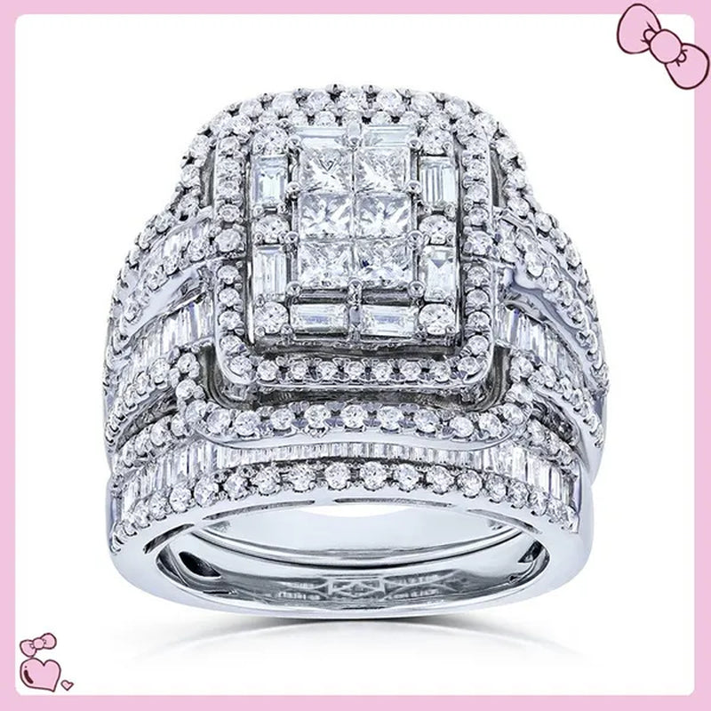 2Pcs Set Wedding Band Rings Set Princess Cut Square Zirconia Diamond Rings for Women Bridal Lover Gifts