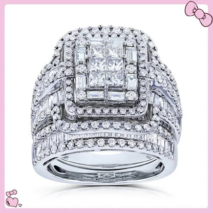 2Pcs Set Wedding Band Rings Set Princess Cut Square Zirconia Diamond Rings for Women Bridal Lover Gifts