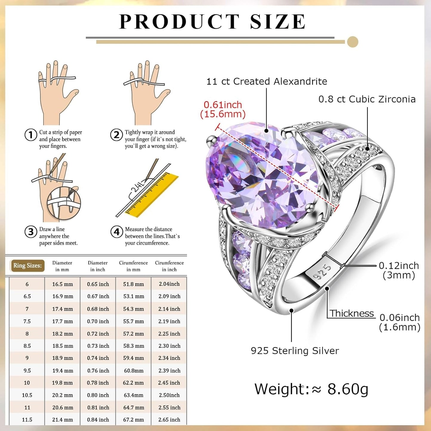 Emerald/Sapphire/Ruby/Tourmaline Rings for Women, 925 Sterling Silver Gemstone Engagement Anniversary Ring Big 6.5-8.5 Carat Birthstone Ring, Size 6 to 10 (Send Gift Box)