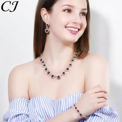CANDICE Elegant Red Wedding Jewelry Set Micro CZ Stone Paved Oval Crystal Drop Earrings Bracelet And Necklace Sets For Bride - WORLD TIME VISITS