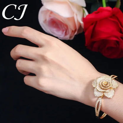 CANDICE Exquisite Open Cuff Style Paving Cubic Zirconia White Gold Plating Women Large Flower Bangle Bracelets Jewelry for Evening Party Wedding