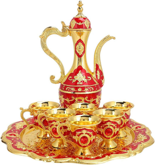 Wine Pot Kit, Metal Russian Style Drinking Cups Set Vintage Hip Flask Set, 8 Pcs European Metal Wine Jug Set Art Craft Table Decoration Household Ornaments for Wedding Supplies(Red)