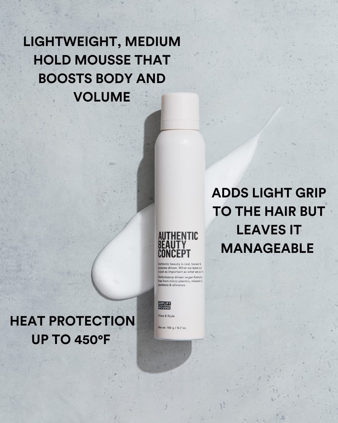 Authentic Beauty Concept Amplify Mousse | Volumizing Mousse | Lightweight Medium Hold Styling | Heat Protection | All Hair Types | Vegan & Cruelty-Free | Silicone-Free | 6.7 Oz