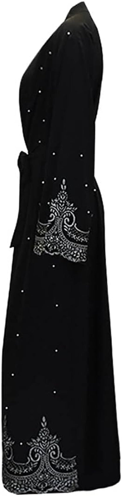 Women Muslim Dress Middle East Arabian Robe Islamic Abaya Long Sleeve Rhinestones Embroidered Cardigan Dress