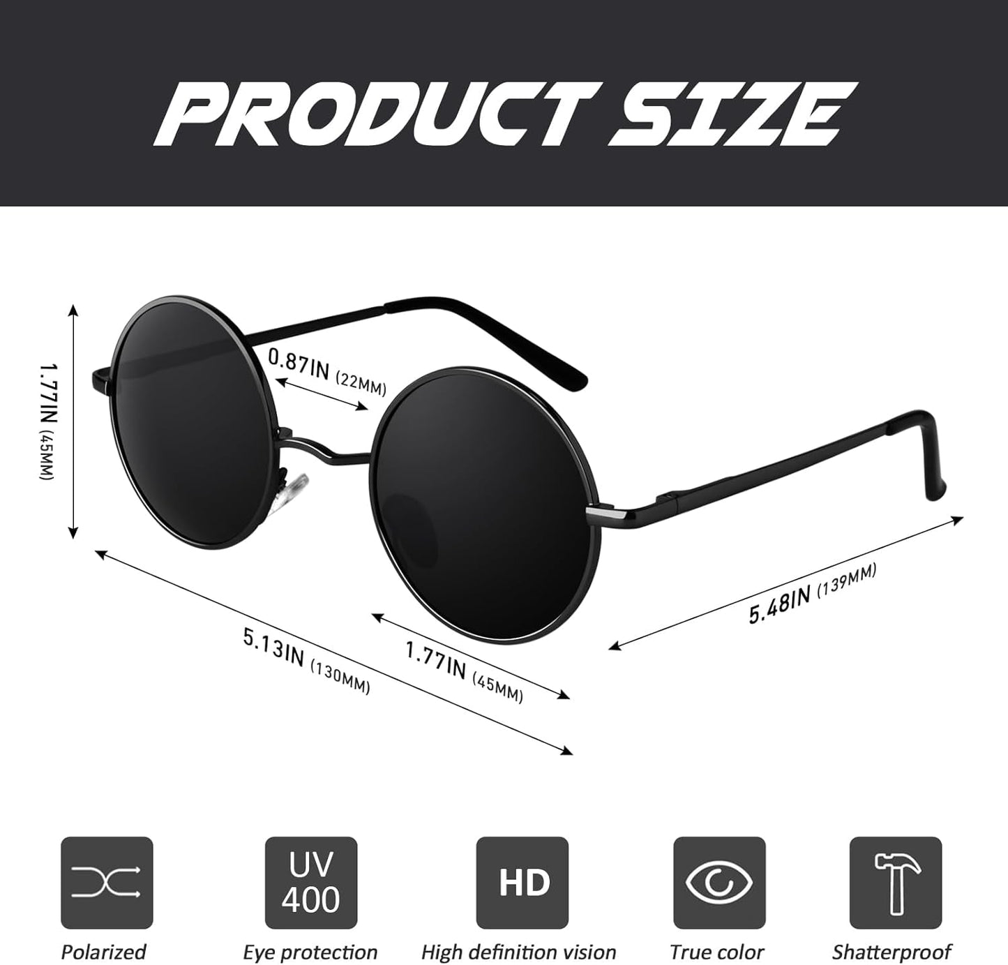 Retro round Polarized Sunglasses Mens Womens Circle Metal Hippie Shades UV400 Protection E01