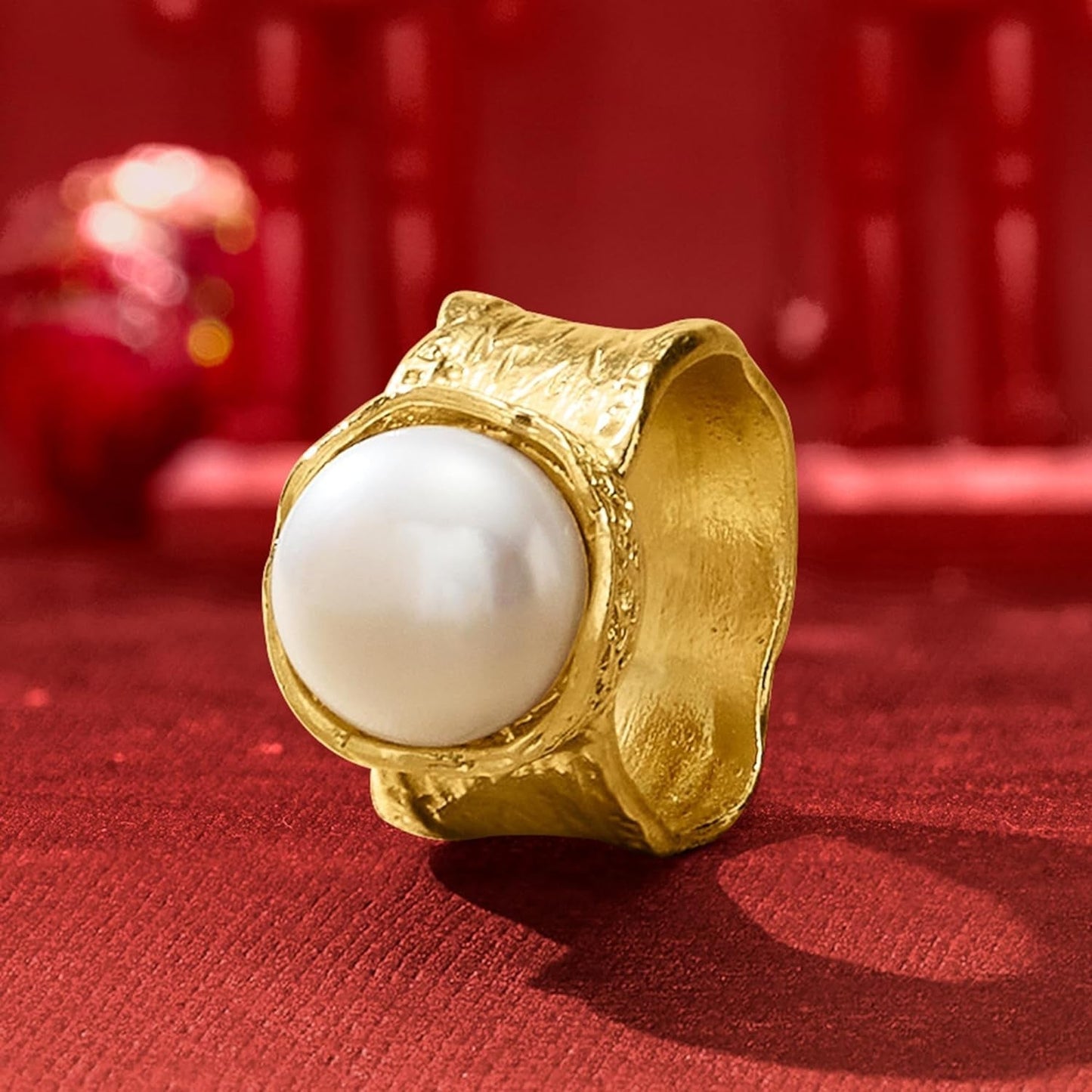 11.5-12Mm Cultured Button Pearl Ring in 18Kt Gold over Sterling