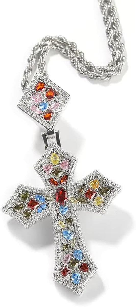 Iced Out Colorful Rhomboic Cross Pendant Necklace, Trendy White Gold Hip Hop Cubic Zirconia Oval Diamond Cross Pendant Faith Jesus Necklace Gift - WORLD TIME VISITS