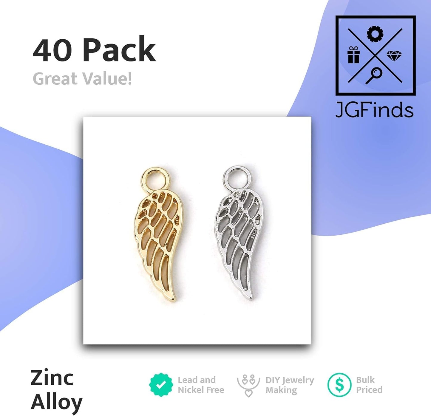 Angel Wings Pendant Charm - 40 Pack of 20 Silver / 20 Gold Toned DIY Jewelry Making Supplies; Small 7/8 Inch for Bracelet, Necklace, Earrings or Arts and Crafts - WORLD TIME VISITS