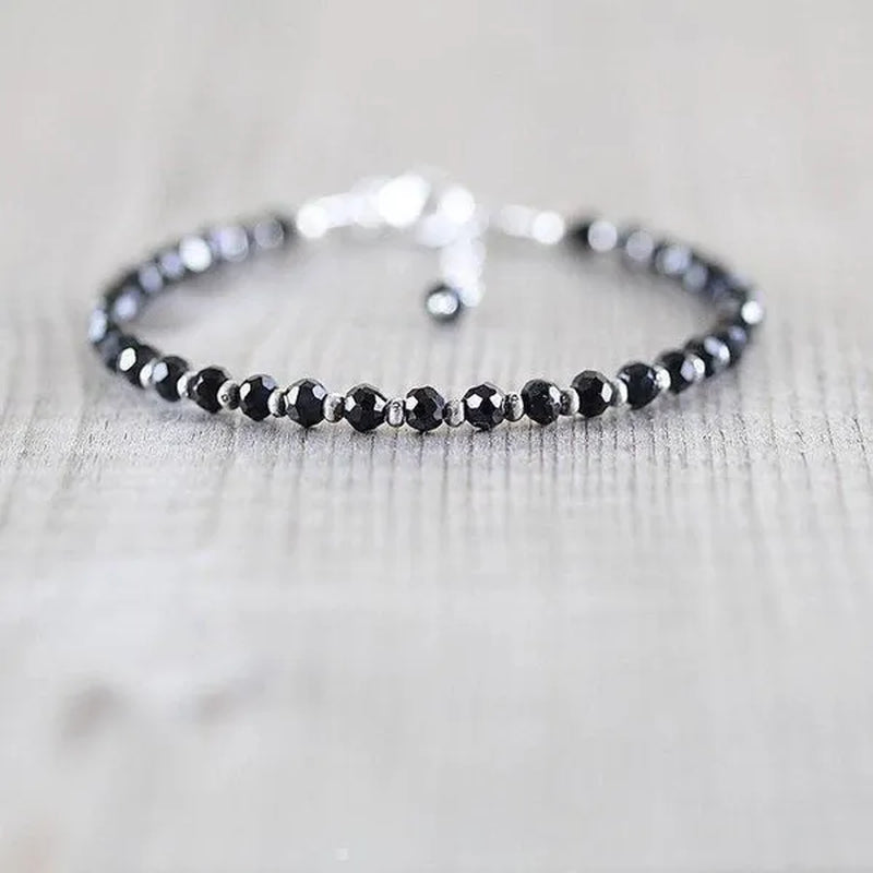 Black Spinel, Sterling & Karen Hill Tribe Silver Bracelet Boho Beaded Gemstone Bracelet Dainty Stacking Bracelet - WORLD TIME VISITS