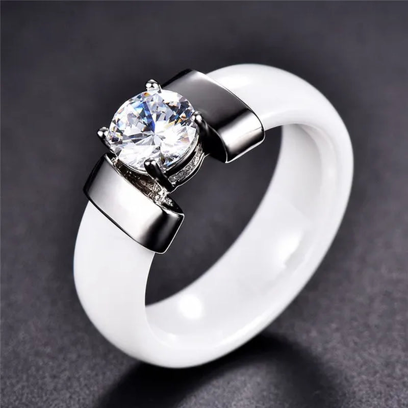 Fashion Male And Female Anti Allergy Black White Ceramic Ring Silver Gold Color  Diamond Solitare Ring Wedding Rings For Couple