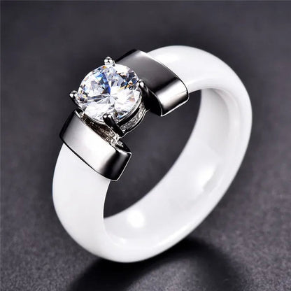 Fashion Male And Female Anti Allergy Black White Ceramic Ring Silver Gold Color  Diamond Solitare Ring Wedding Rings For Couple