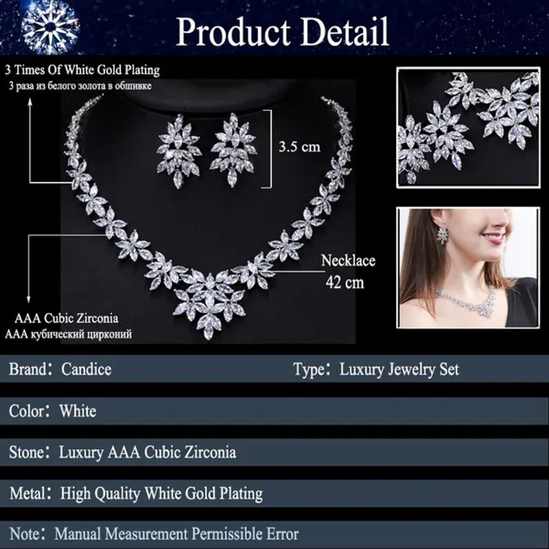 CANDICE High Quality White Gold Plated Wedding Jewelry Set Pave Luxury CZ Stone African Nigerian Big Flower Dangle Earrings Necklace for Bride - WORLD TIME VISITS