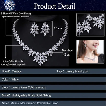 CANDICE High Quality White Gold Plated Wedding Jewelry Set Pave Luxury CZ Stone African Nigerian Big Flower Dangle Earrings Necklace for Bride - WORLD TIME VISITS