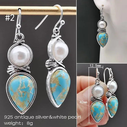 1Pair New Boho Ethnic Earrings for Women with Turquoise Gem Natural Stone Beads Earring Water Drop Hook Earring Vintage Jewelry